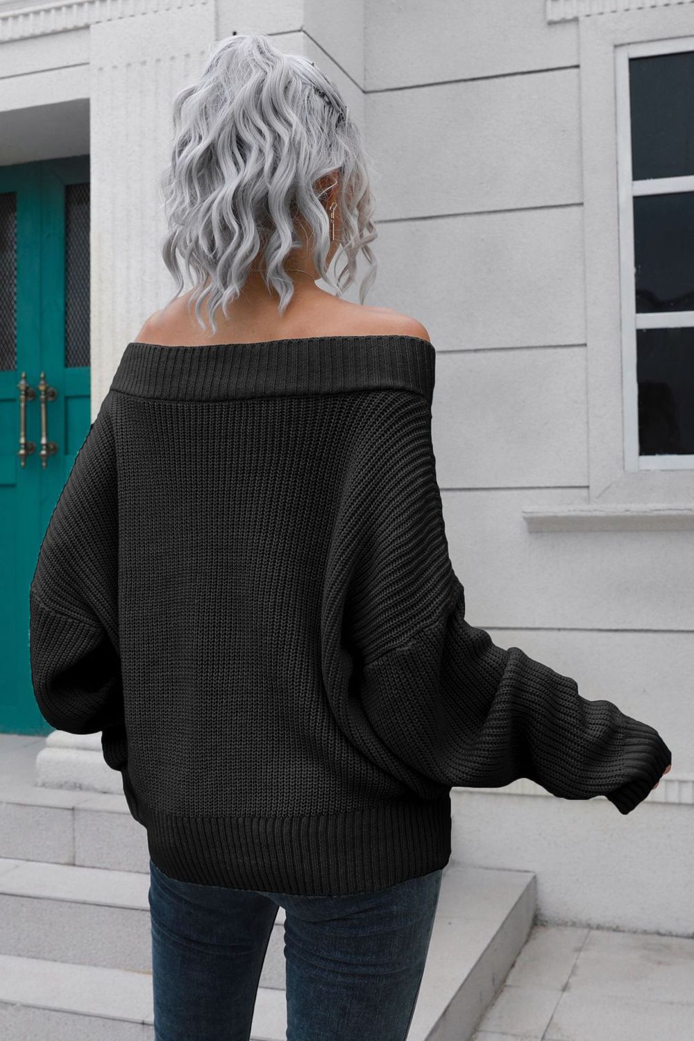 swvws Off-Shoulder Ribbed Long Sleeve Pullover Sweater