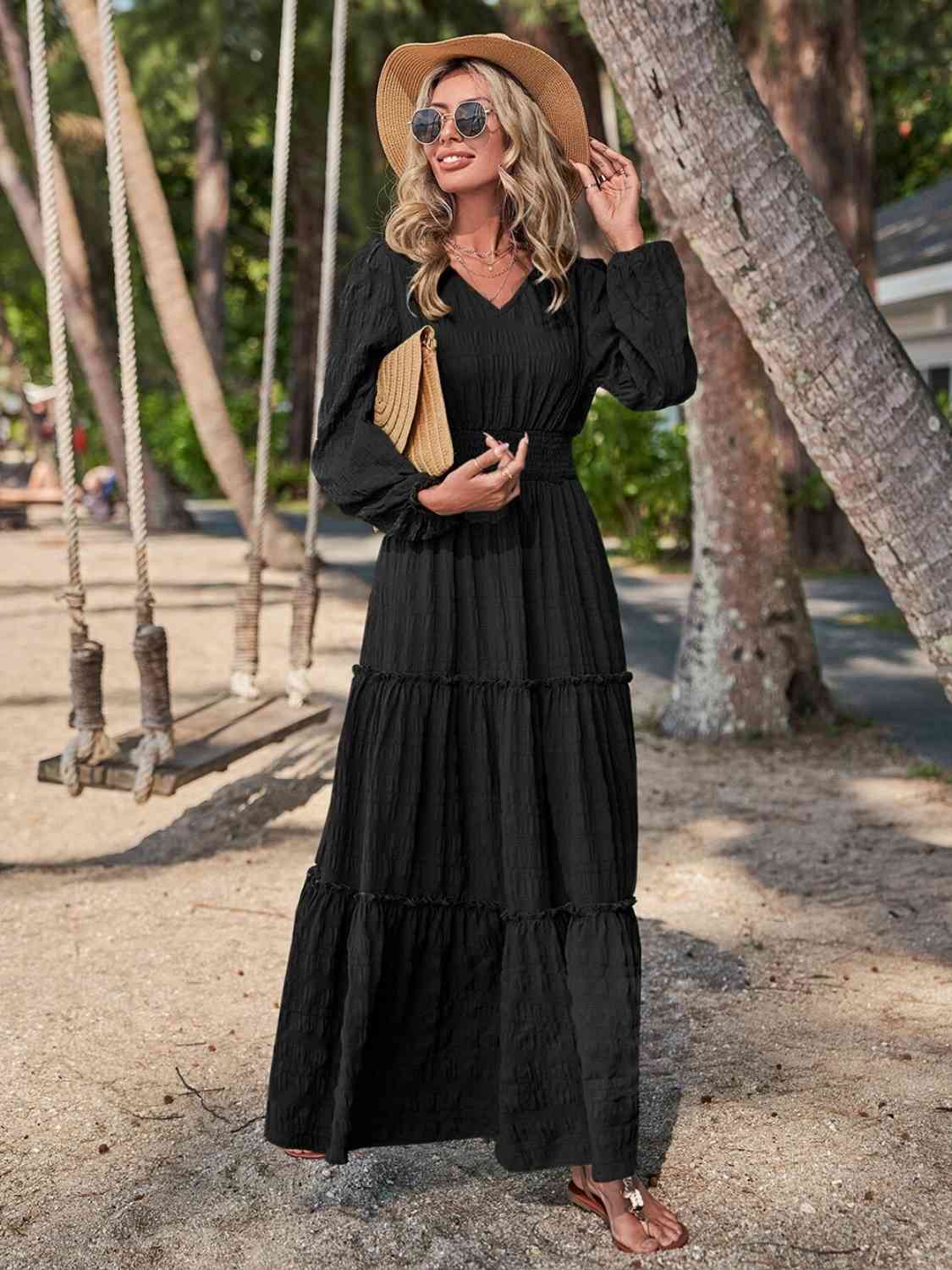 swvws Smocked Waist V-Neck Maxi Dress