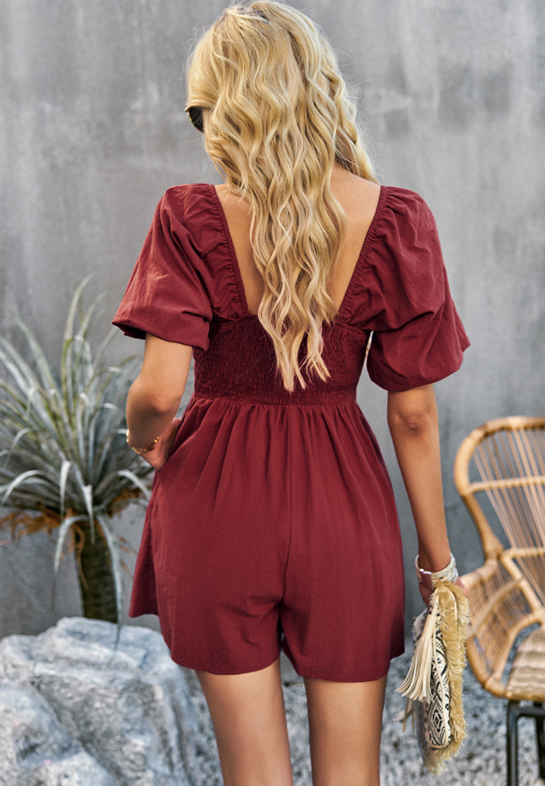 swvws Square Neck Short Sleeve Smocked Romper