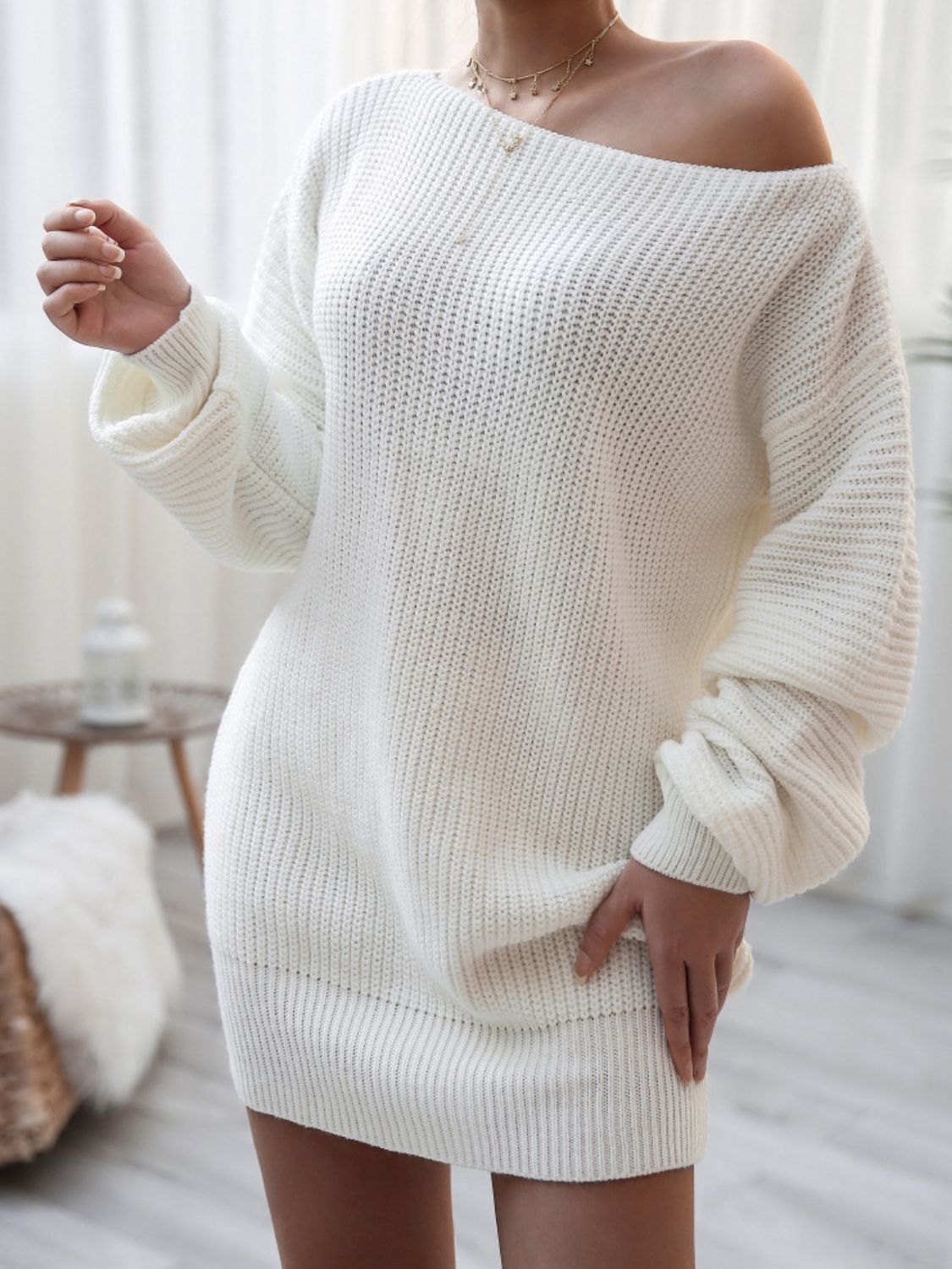 swvws Rib-Knit Balloon Sleeve Boat Neck Sweater Dress