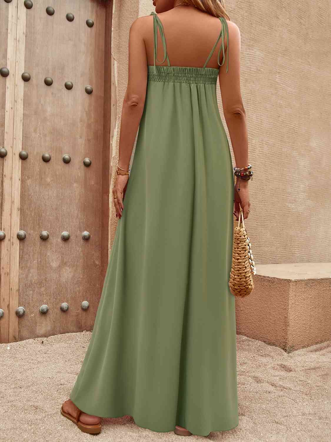 swvws Tie-Shoulder Smocked Maxi Dress