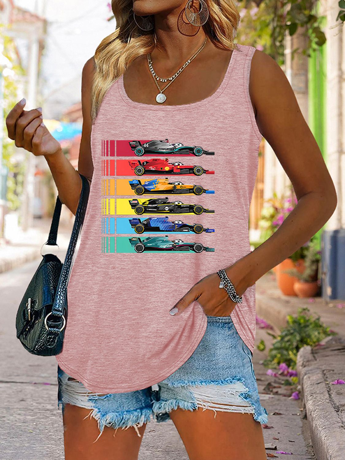 swvws Scoop Neck Race Car Graphic Tank Top