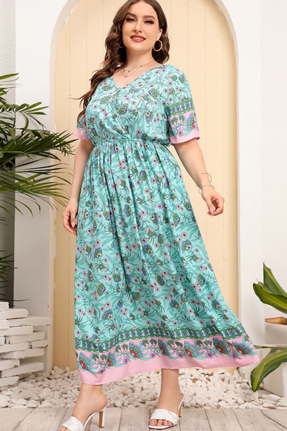 swvws Plus Size Bohemian V-Neck Short Sleeve Maxi Dress