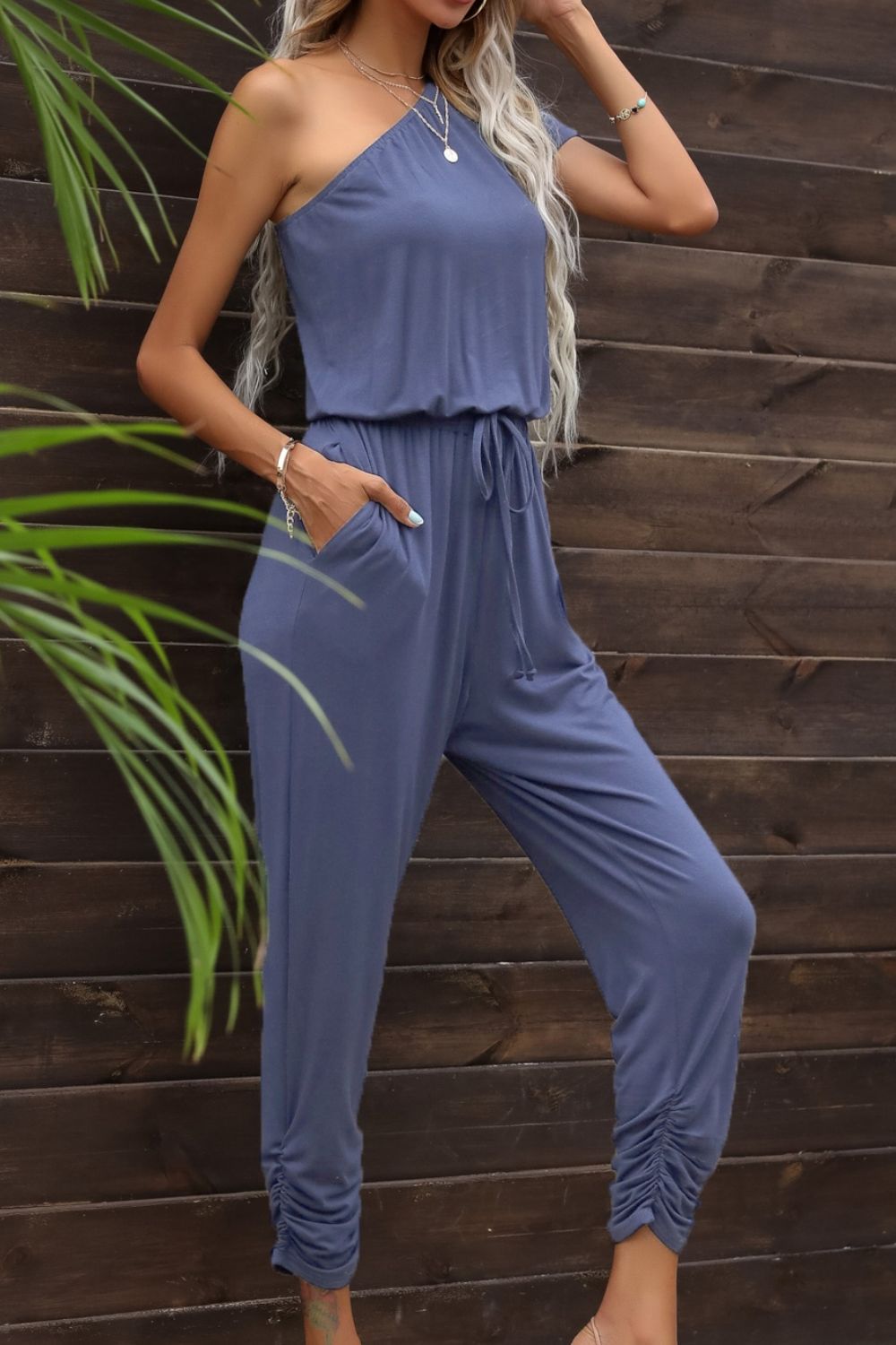 swvws Drawstring Waist One-Shoulder Jumpsuit with Pockets