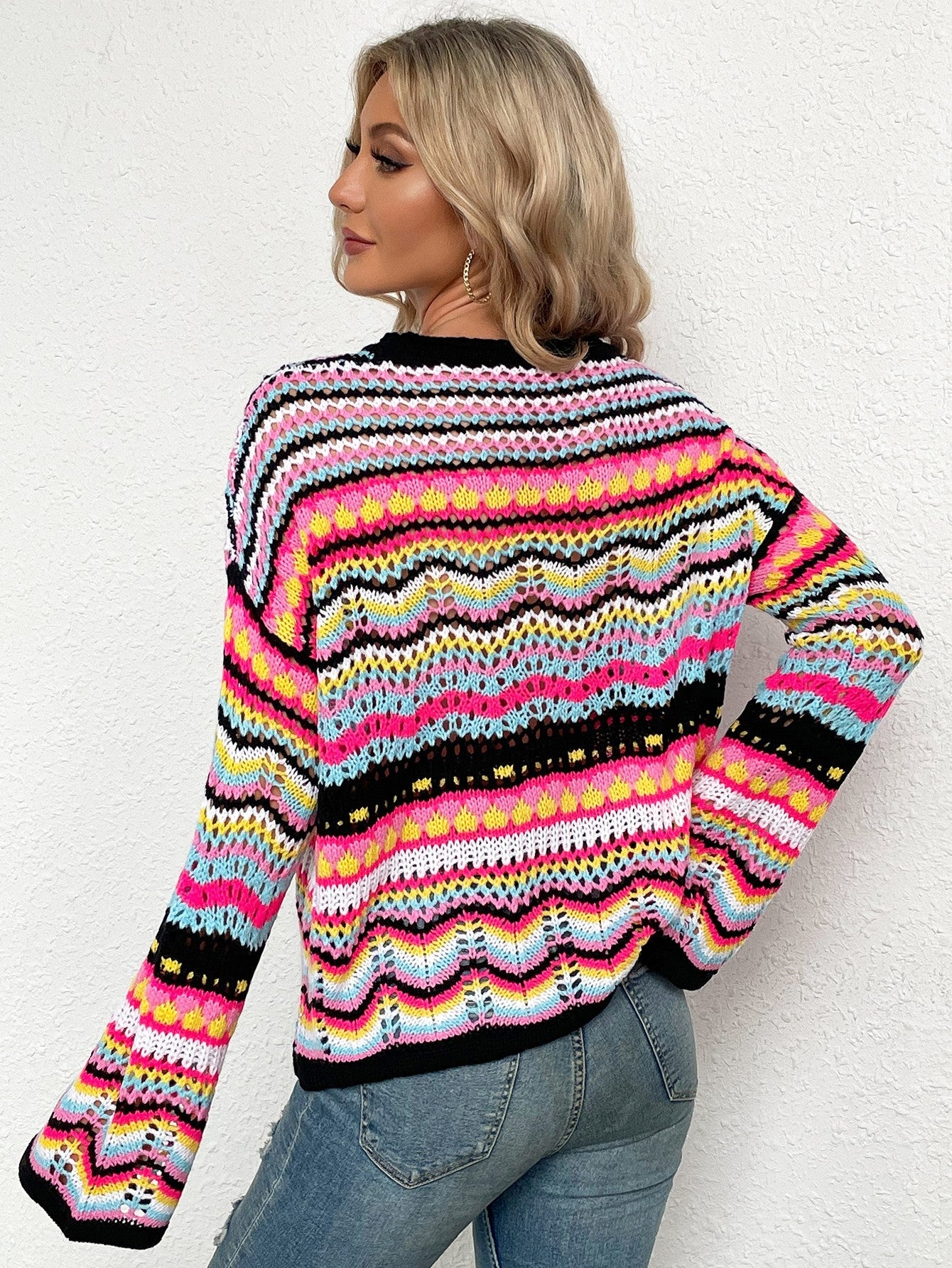 swvws Rainbow Stripe Openwork Flare Sleeve Knit Top