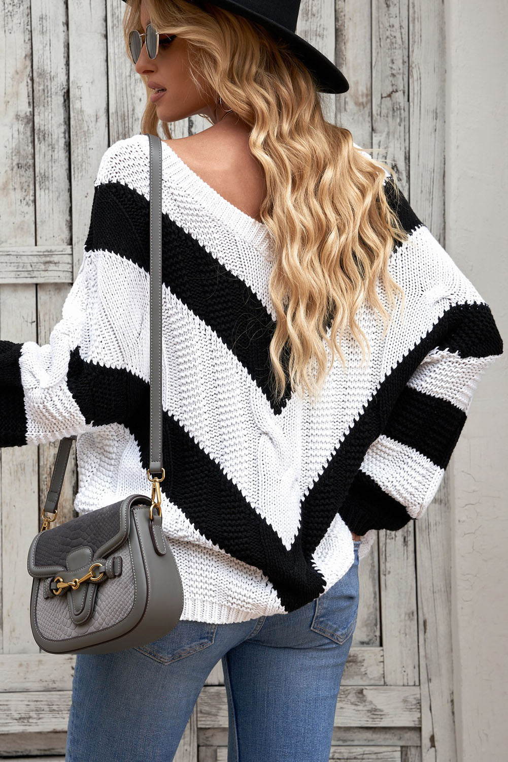 swvws Chevron Cable-Knit V-Neck Tunic Sweater