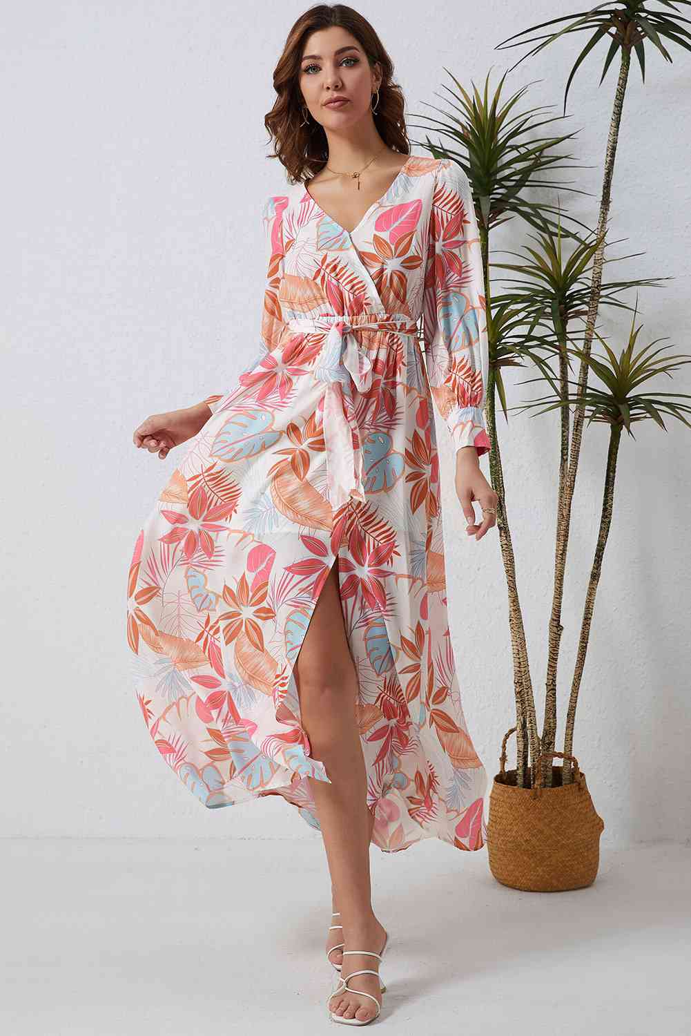 swvws Printed Tie Waist Maxi Dress