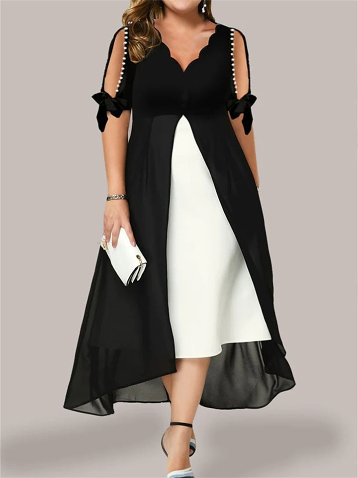 swvws Women‘s Plus Size Curve Holiday Dress Color Block V Neck Ruched Half Sleeve Spring Summer Casual Maxi long Dress Daily A Line Dress / Polyester