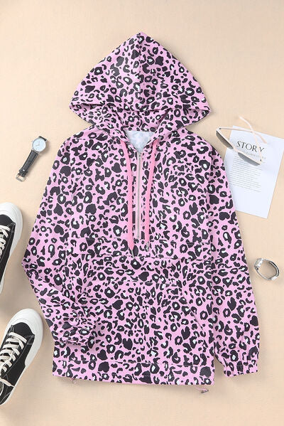 swvws Drawstring Leopard Half Zip Hoodie