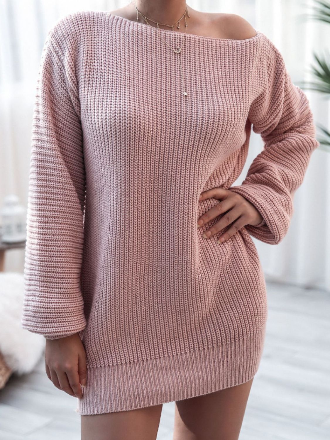 swvws Rib-Knit Balloon Sleeve Boat Neck Sweater Dress