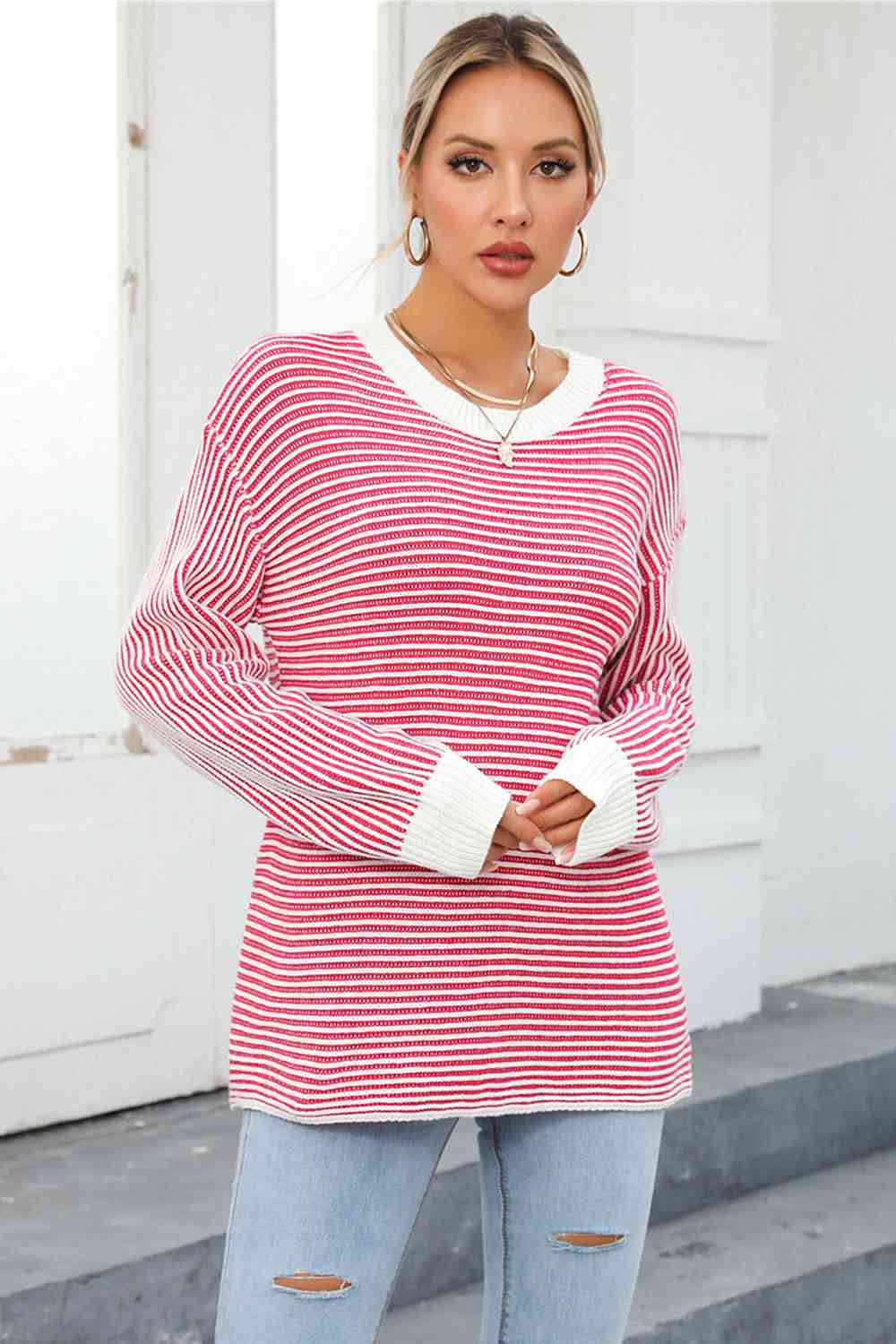 swvws Striped Round Neck Long Sleeve Knit Top