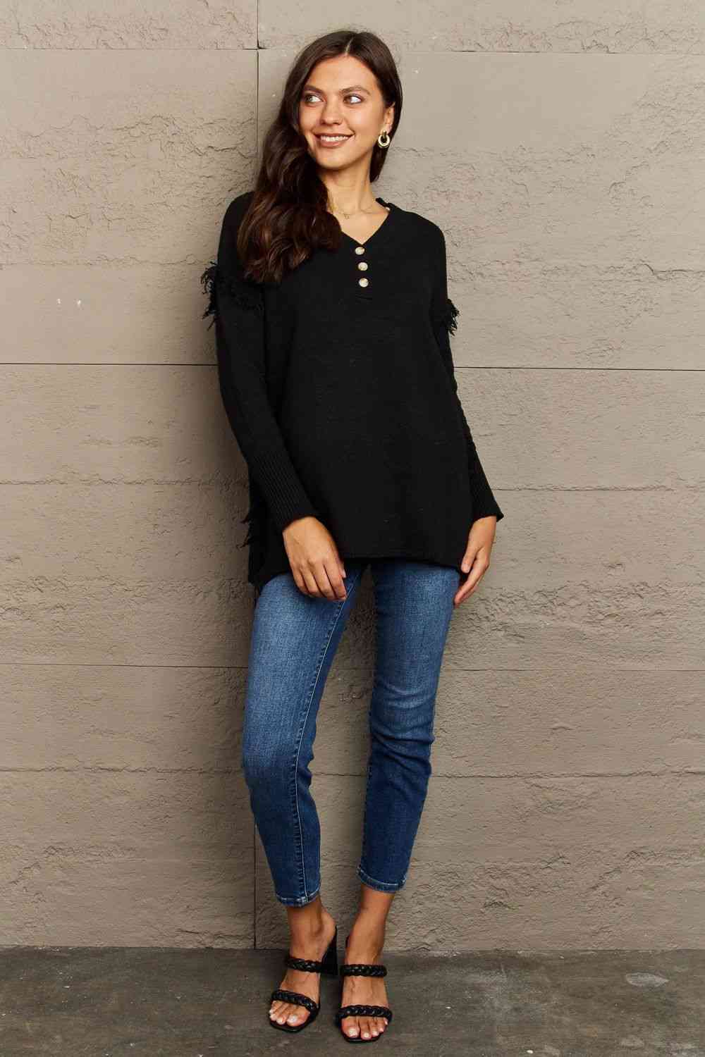 swvws Ninexis Full Size Buttoned Dropped Shoulder Raw Hem Pullover Sweater