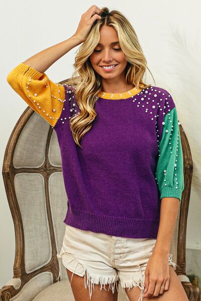 swvws BiBi Color Block Pearl Detail Round Neck Sweater