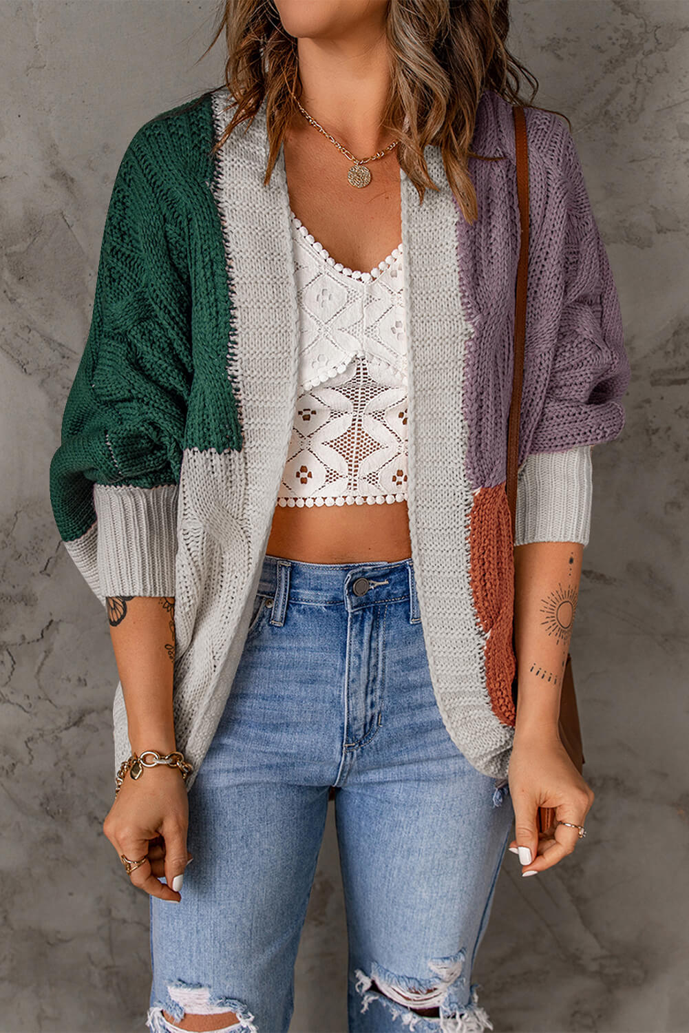 swvws Color Block Cable-Knit Batwing Sleeve Cardigan