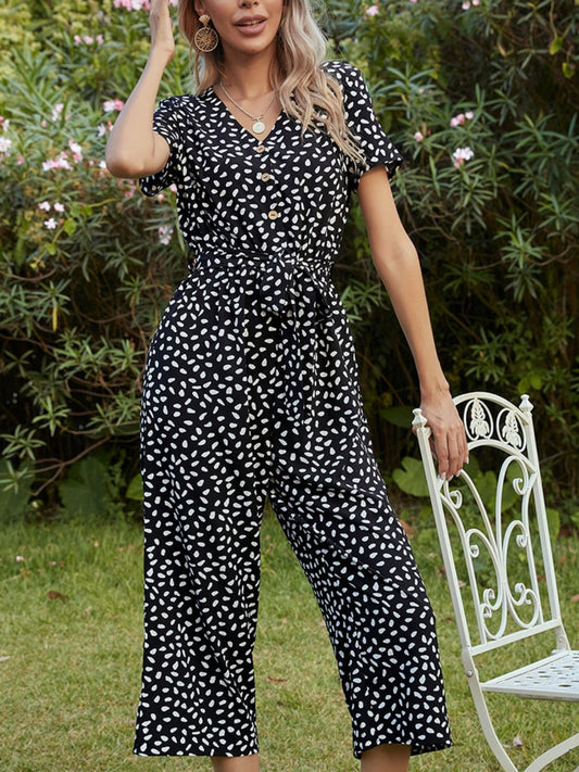 swvws Printed V-Neck Short Sleeve Jumpsuit