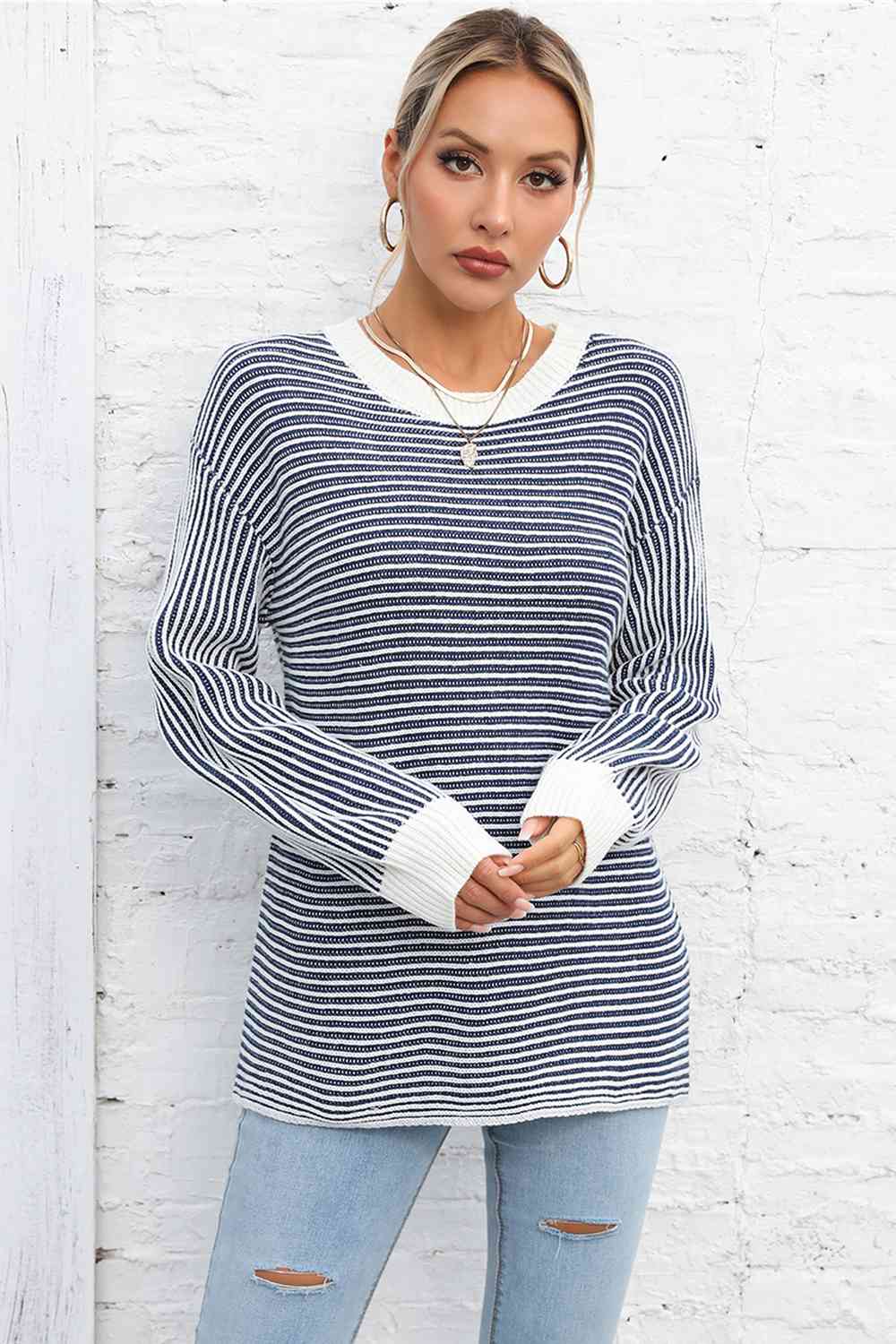 swvws Striped Round Neck Long Sleeve Knit Top