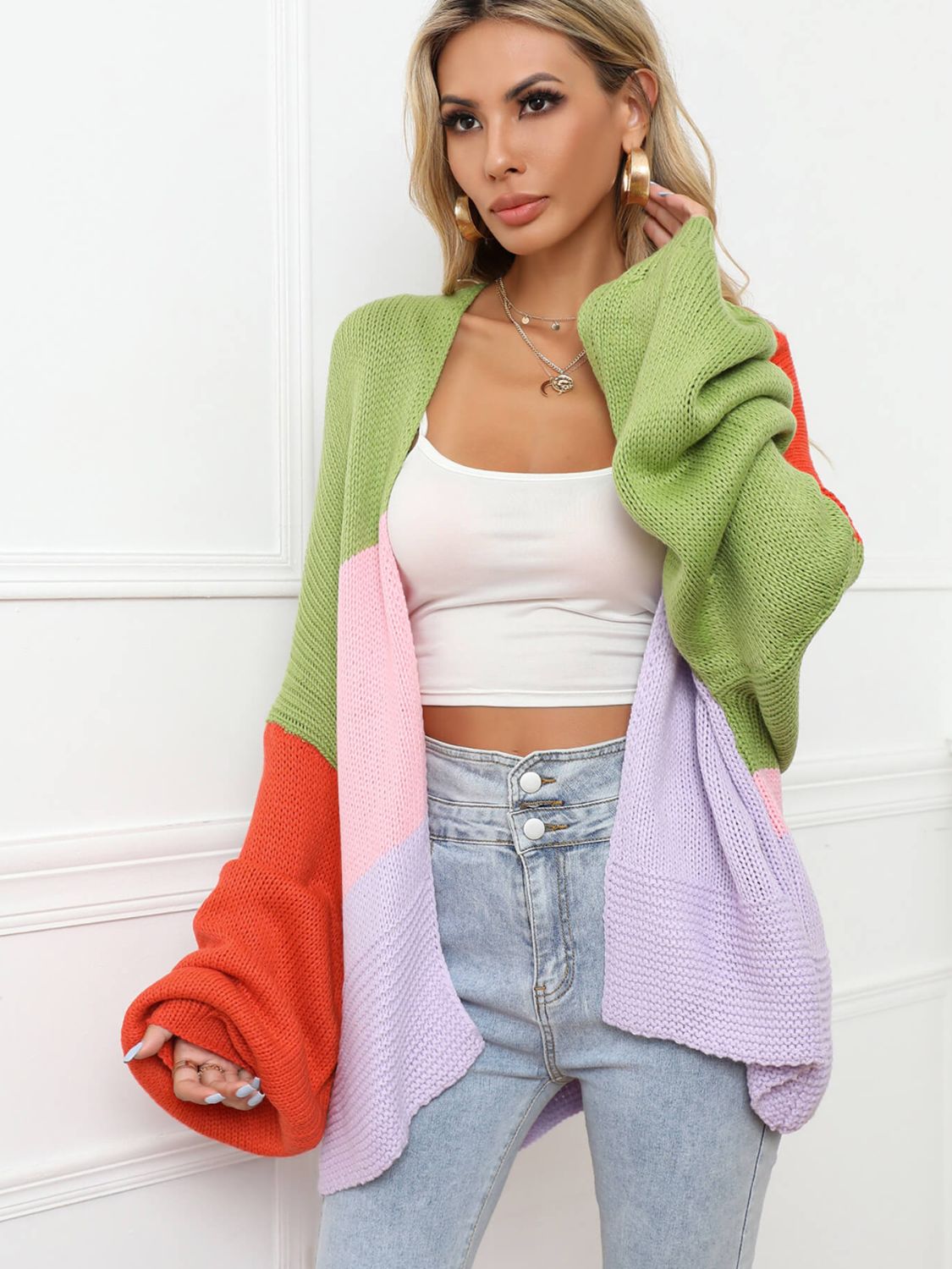 swvws Color Block Open Front Balloon Sleeve Longline Cardigan