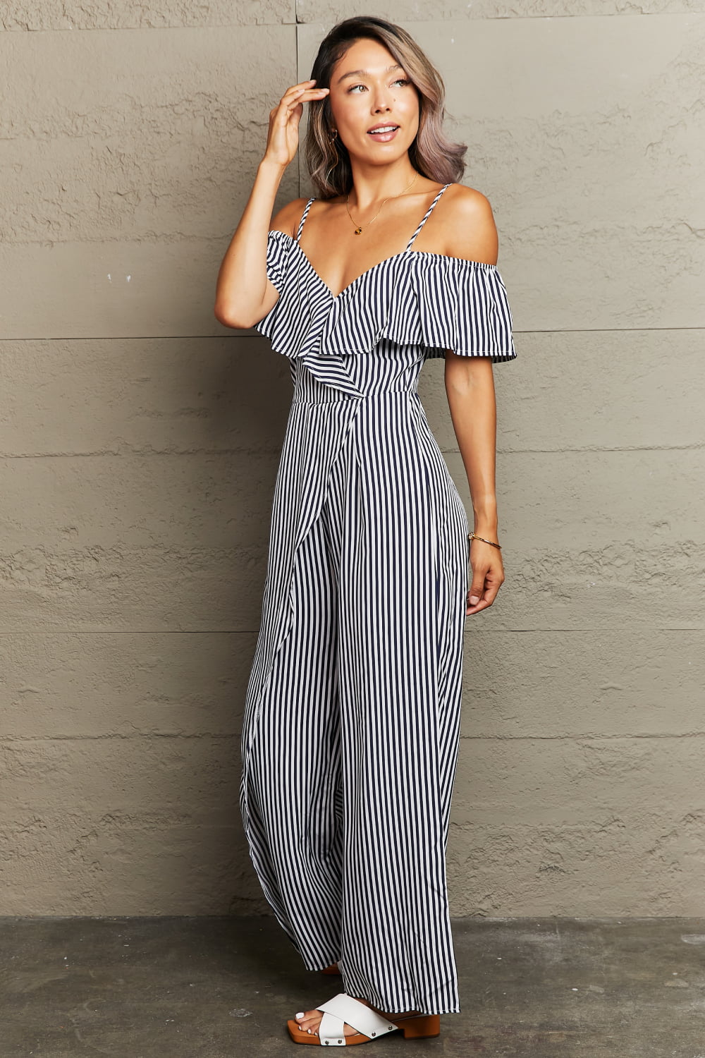 swvws Striped Spaghetti Strap Cold-Shoulder Jumpsuit