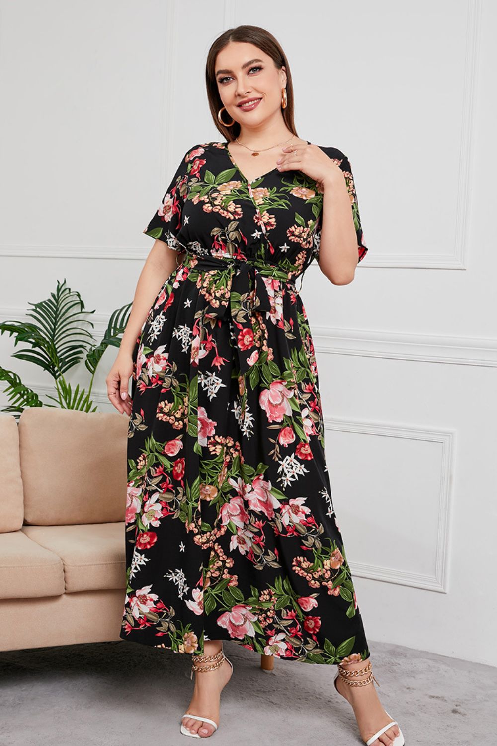 swvws Plus Size Printed Surplice Short Sleeve Maxi Dress