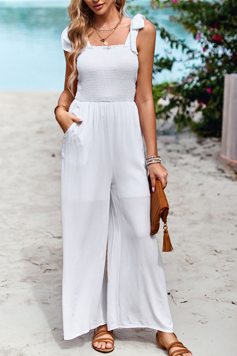 swvws Frill Trim Tie Shoulder Wide Leg Jumpsuit with Pockets