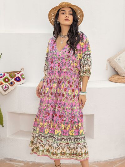 swvws Printed V-Neck Balloon Sleeve Dress