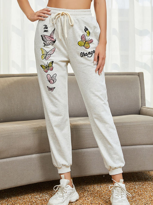 swvws Tie Front Butterfly Graphic Long Pants