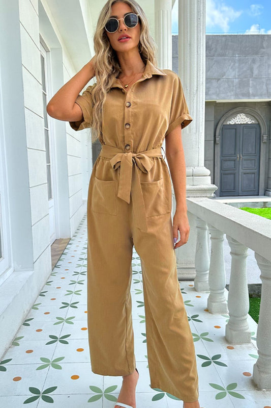 swvws Tie Belt Buttoned Short Sleeve Collared Neck Jumpsuit