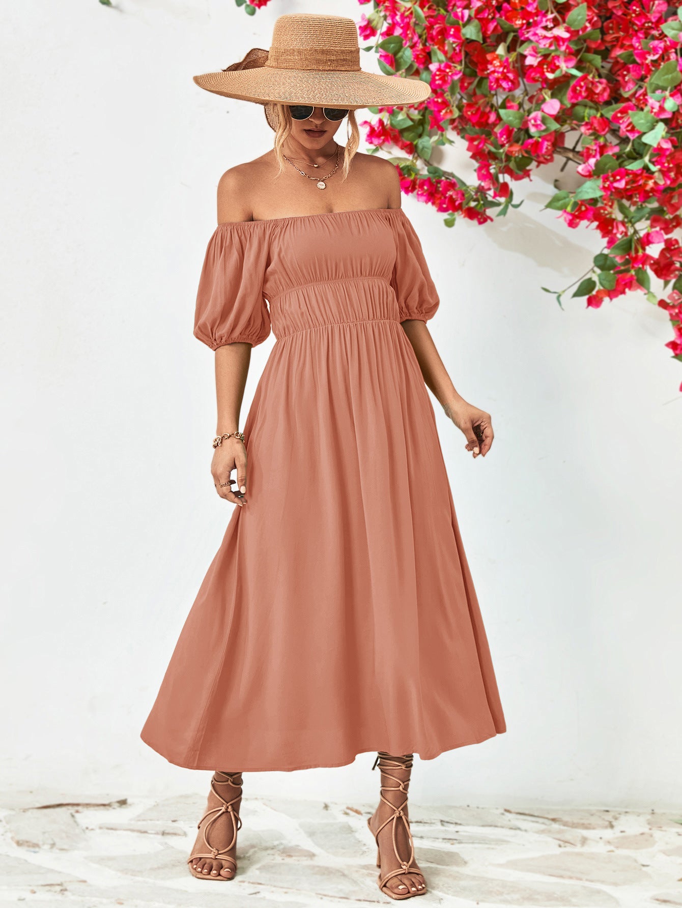 swvws Off-Shoulder Balloon Sleeve Midi Dress