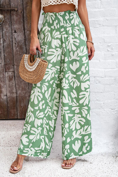 swvws Smocked Printed Wide Leg Pants with Pockets