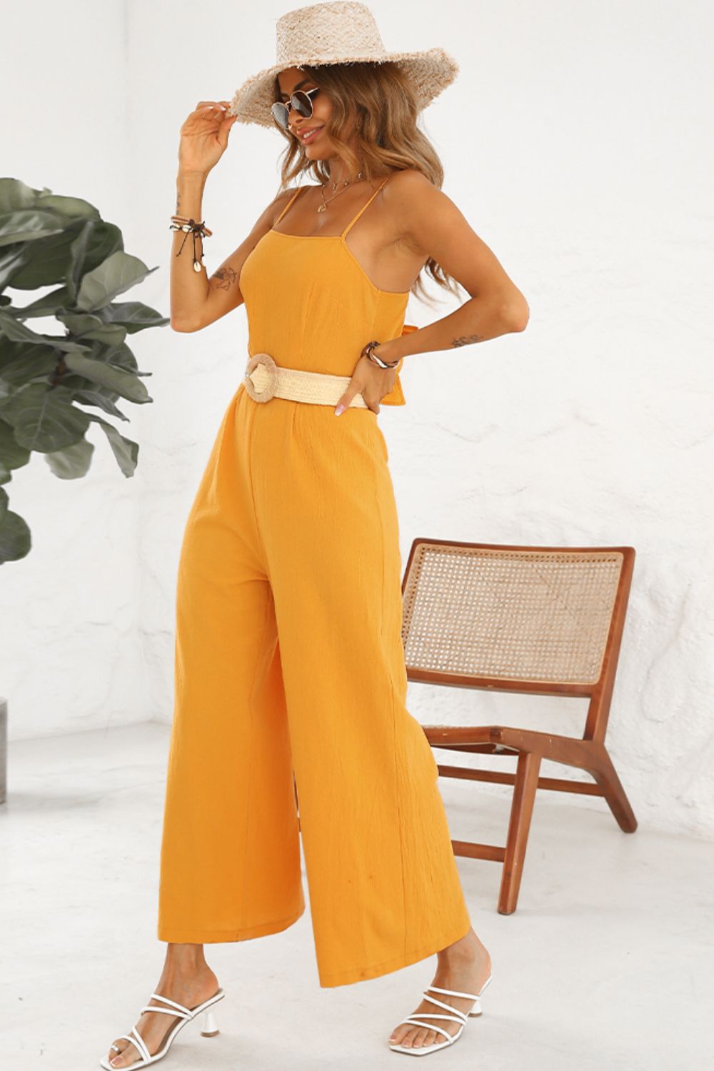 swvws Cutout Spaghetti Strap Tie Back Wide Leg Jumpsuit