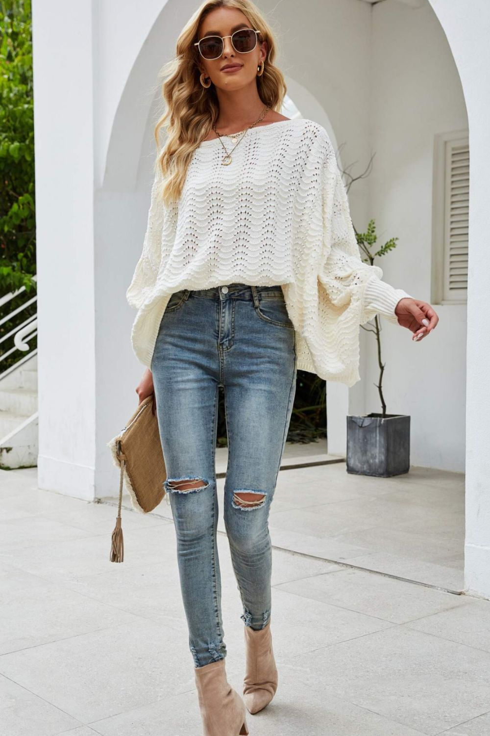 swvws Openwork Boat Neck Dolman Sleeve Sweater