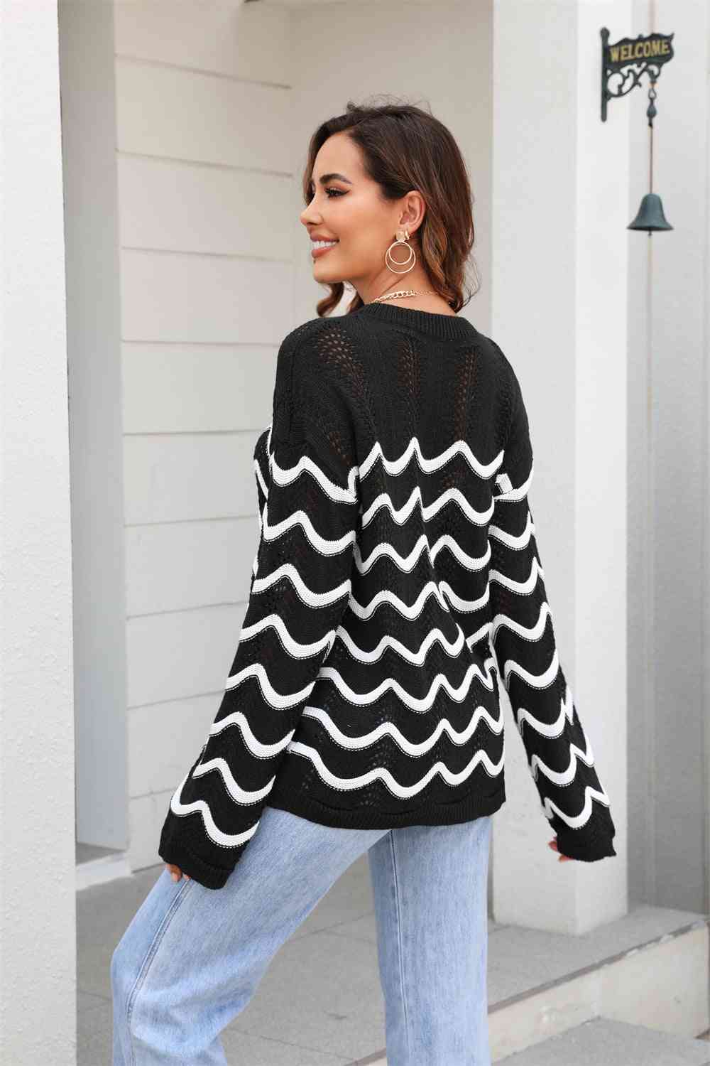 swvws Wave Pattern Round Neck Long Sleeve Sweater