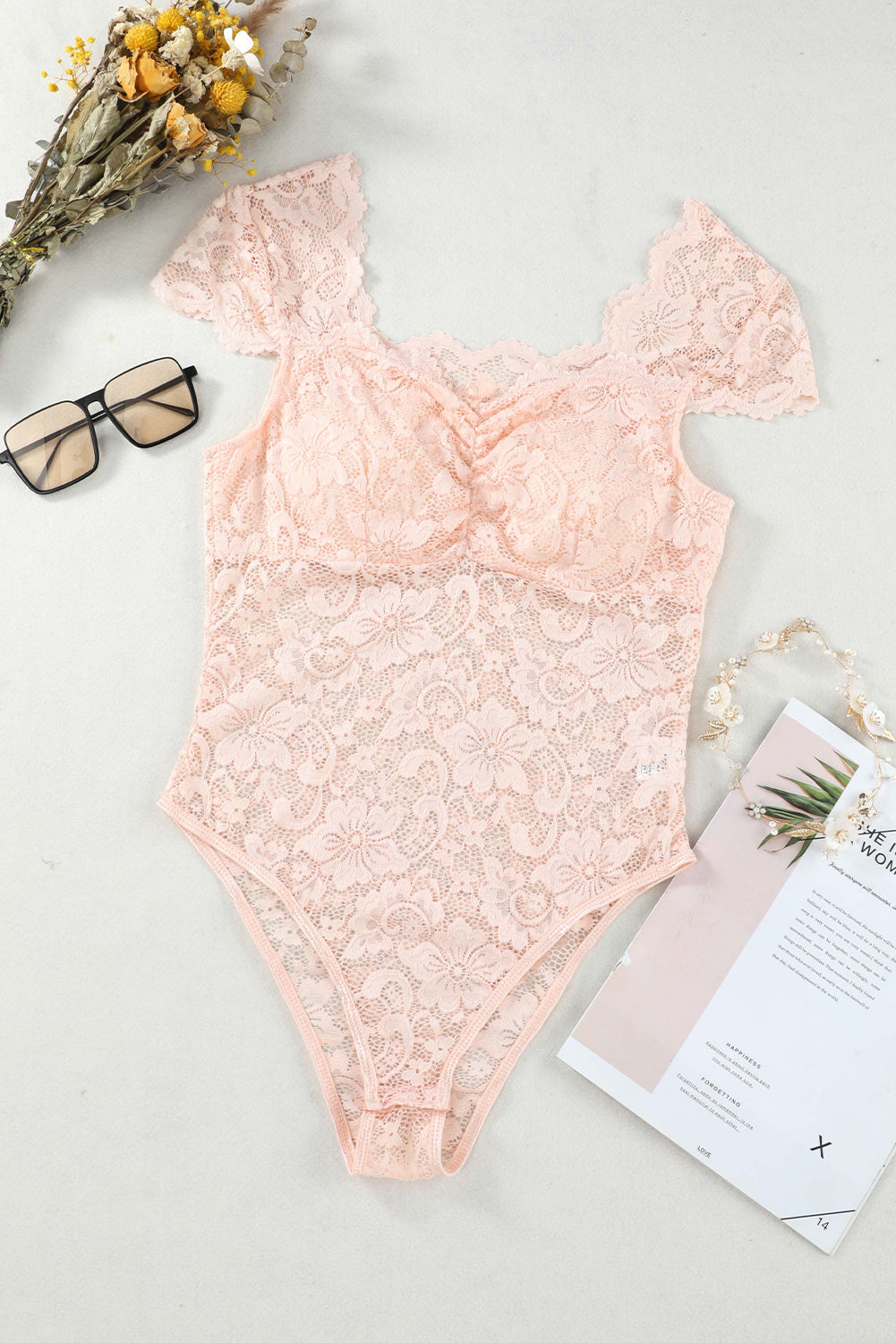 swvws Ruched Sweetheart Neck Lace Bodysuit