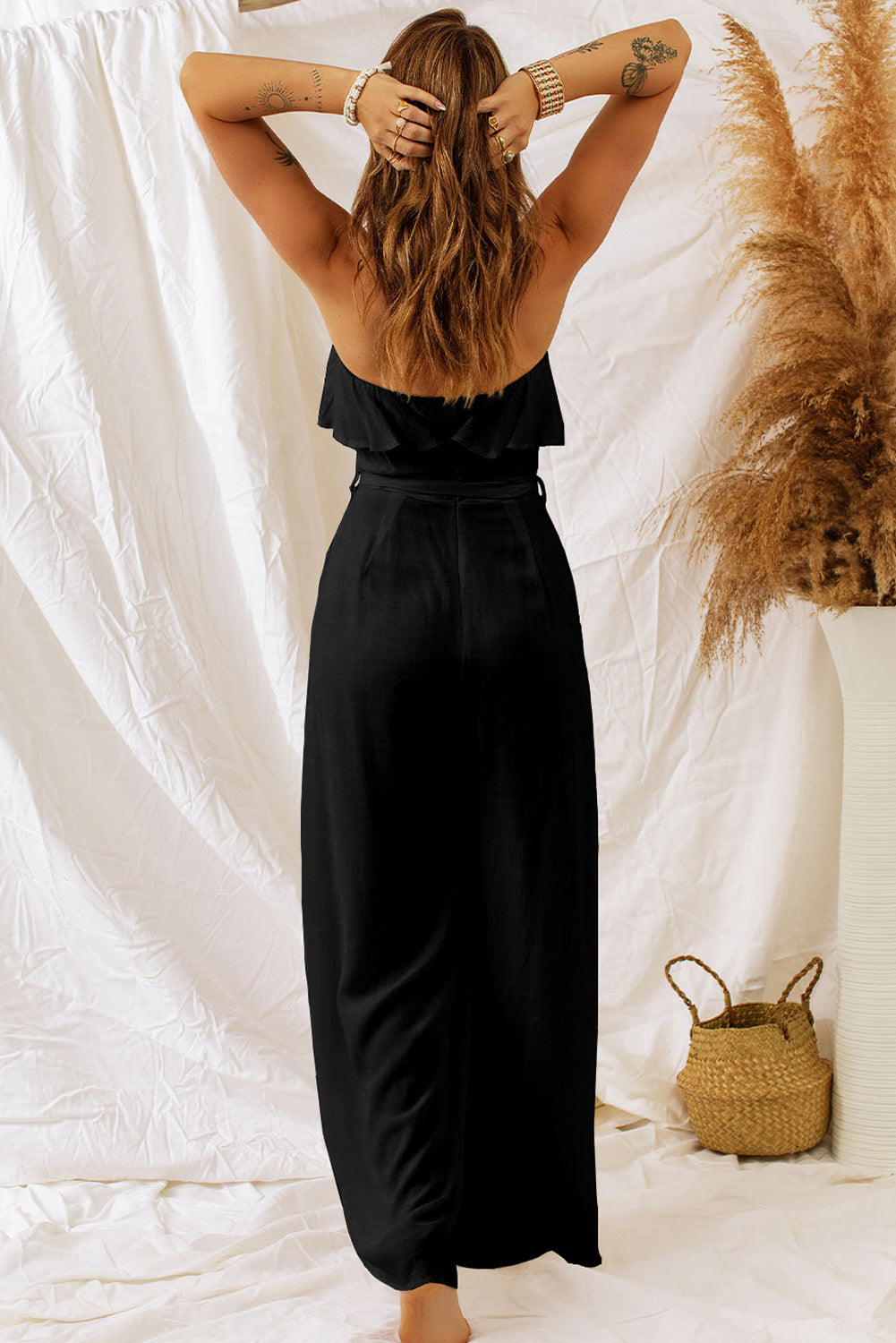 swvws Tie-Waist Ruffled Strapless Wide Leg Jumpsuit