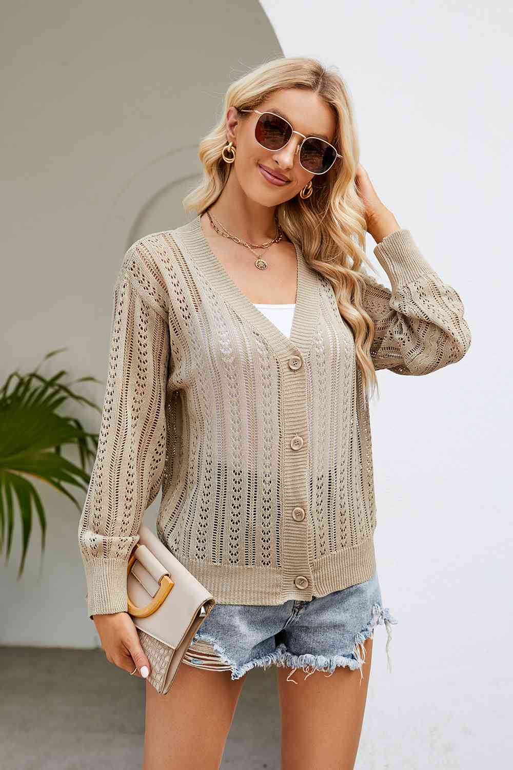 swvws Openwork Button Front V-Neck Cardigan