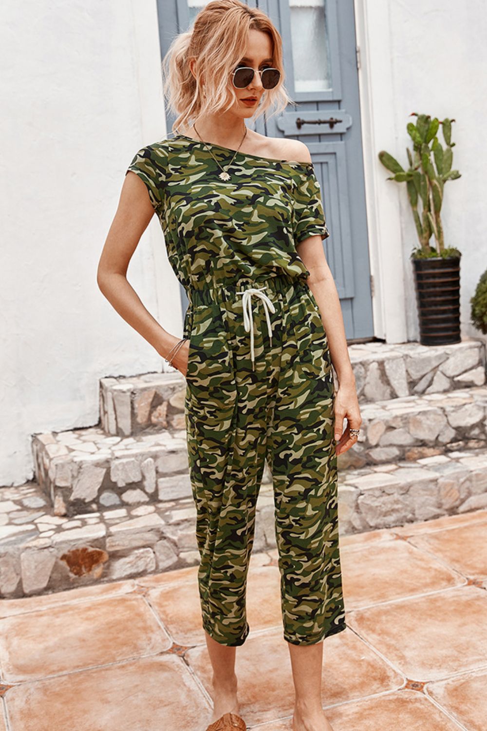 swvws Camouflage Drawstring Crop Leg Jumpsuit