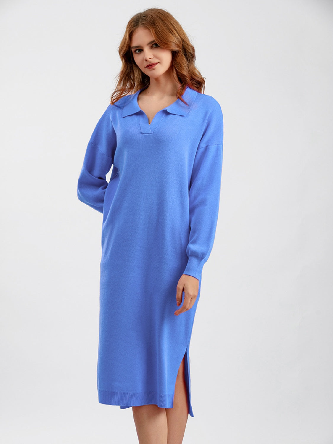 swvws Johnny Collar Long Sleeve Slit Sweater Dress