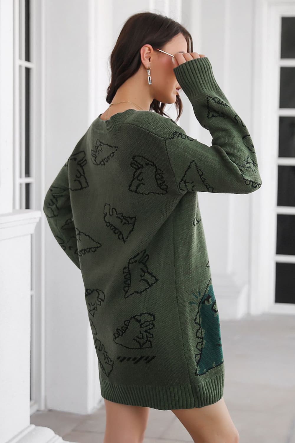 swvws Dinosaur Pattern V-Neck Sweater Dress