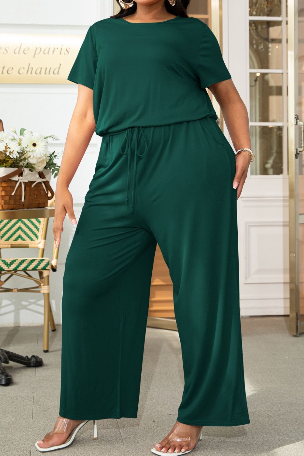 swvws Plus Size Drawstring Waist Short Sleeve Jumpsuit