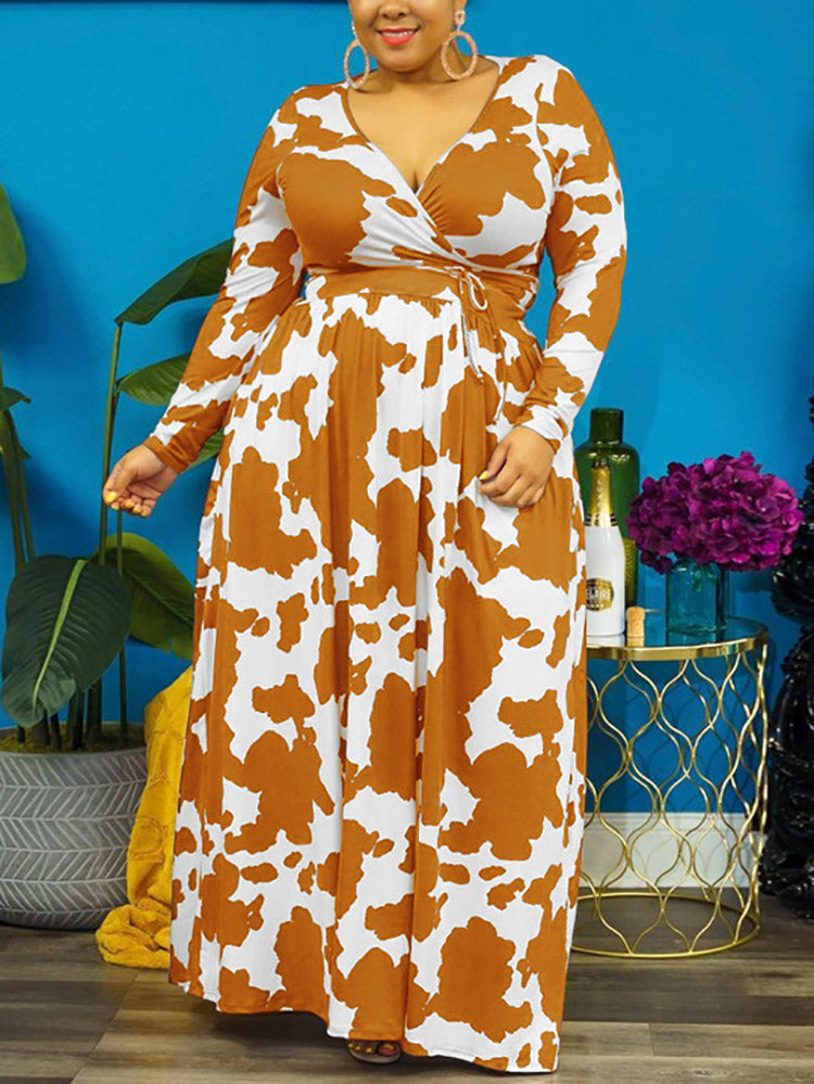 Sixsr Cow Print V Neck Wrap Dress