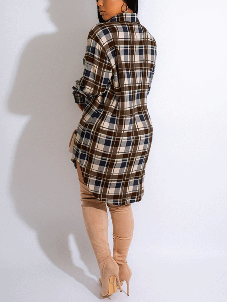 Sixsr Long Sleeve Plaid Buckle Shirt Dress