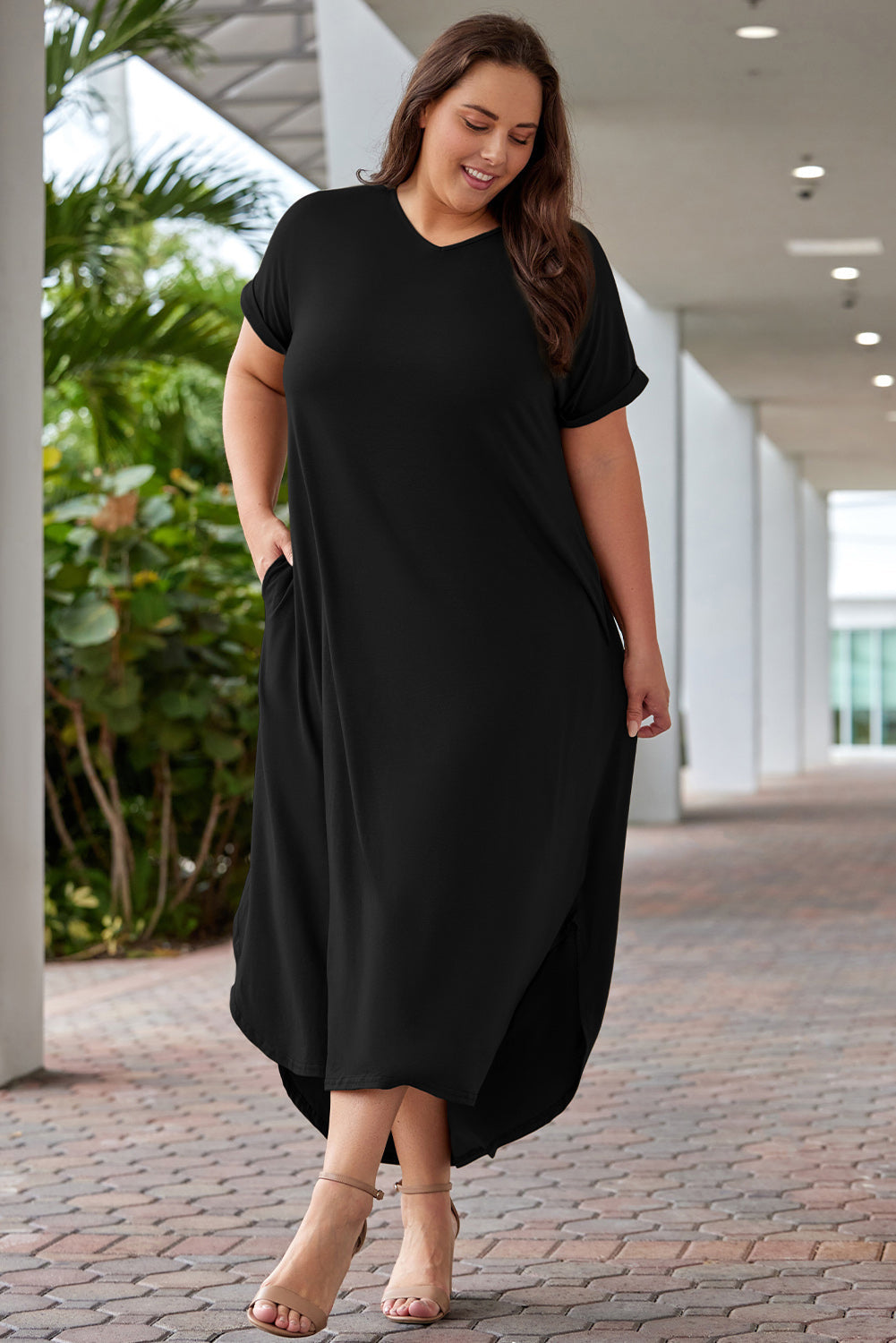 swvws Plus Size V-Neck Short Sleeve Maxi Dress