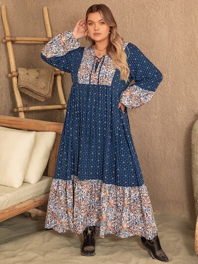 swvws Plus Size Printed Balloon Sleeve Maxi Dress