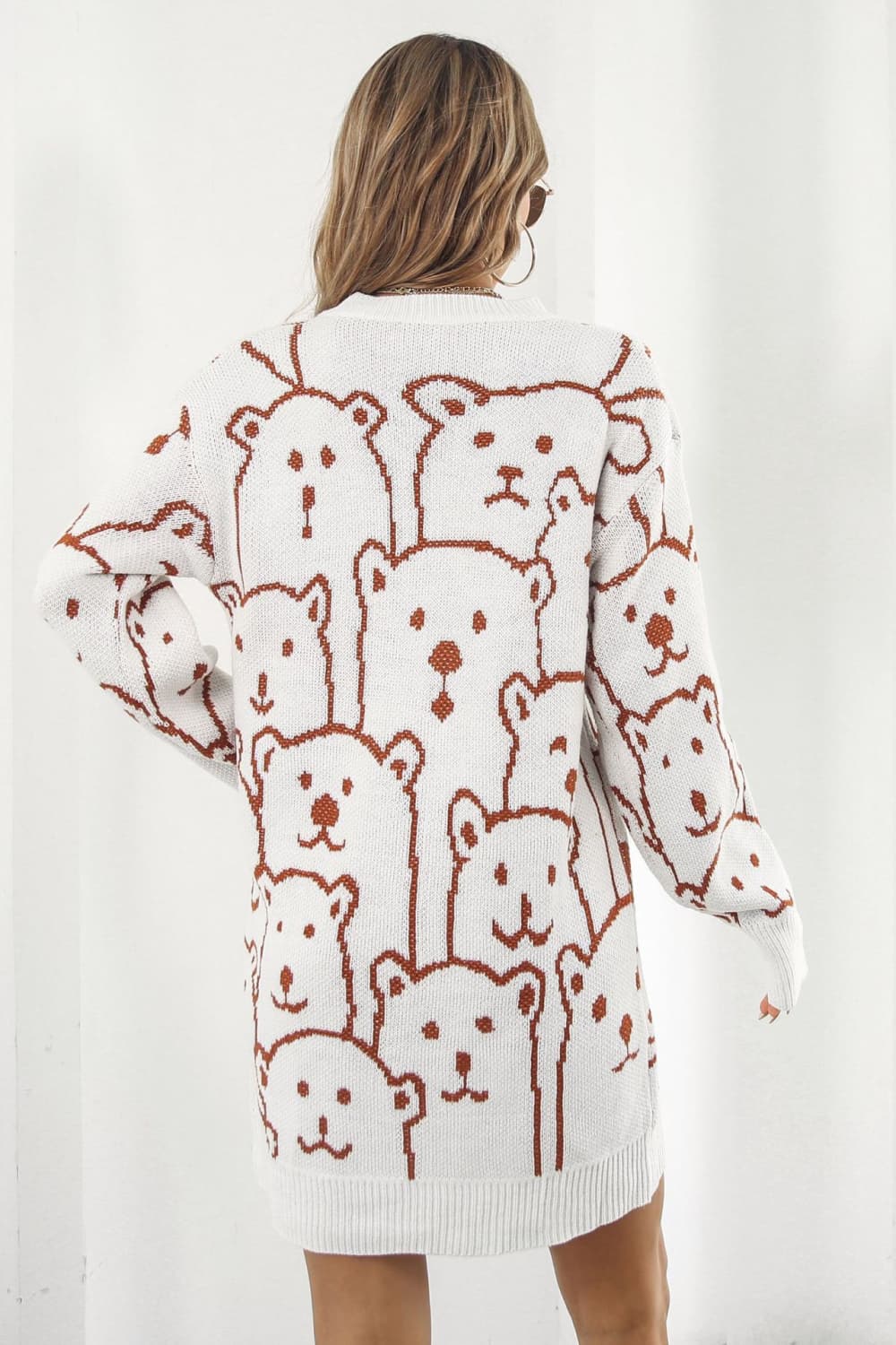 swvws Bear Pattern Round Neck Sweater Dress