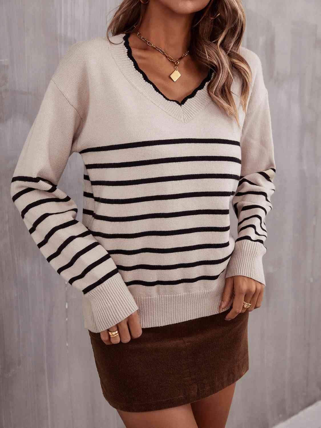 swvws Striped V-Neck Drop Shoulder Sweater