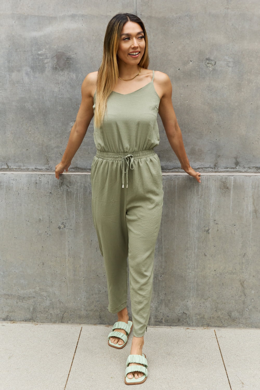 swvws ODDI Full Size Textured Woven Jumpsuit in Sage