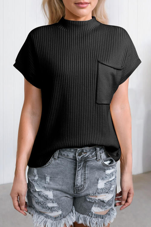 swvws Ribbed Mock Neck Short Sleeve Knit Top