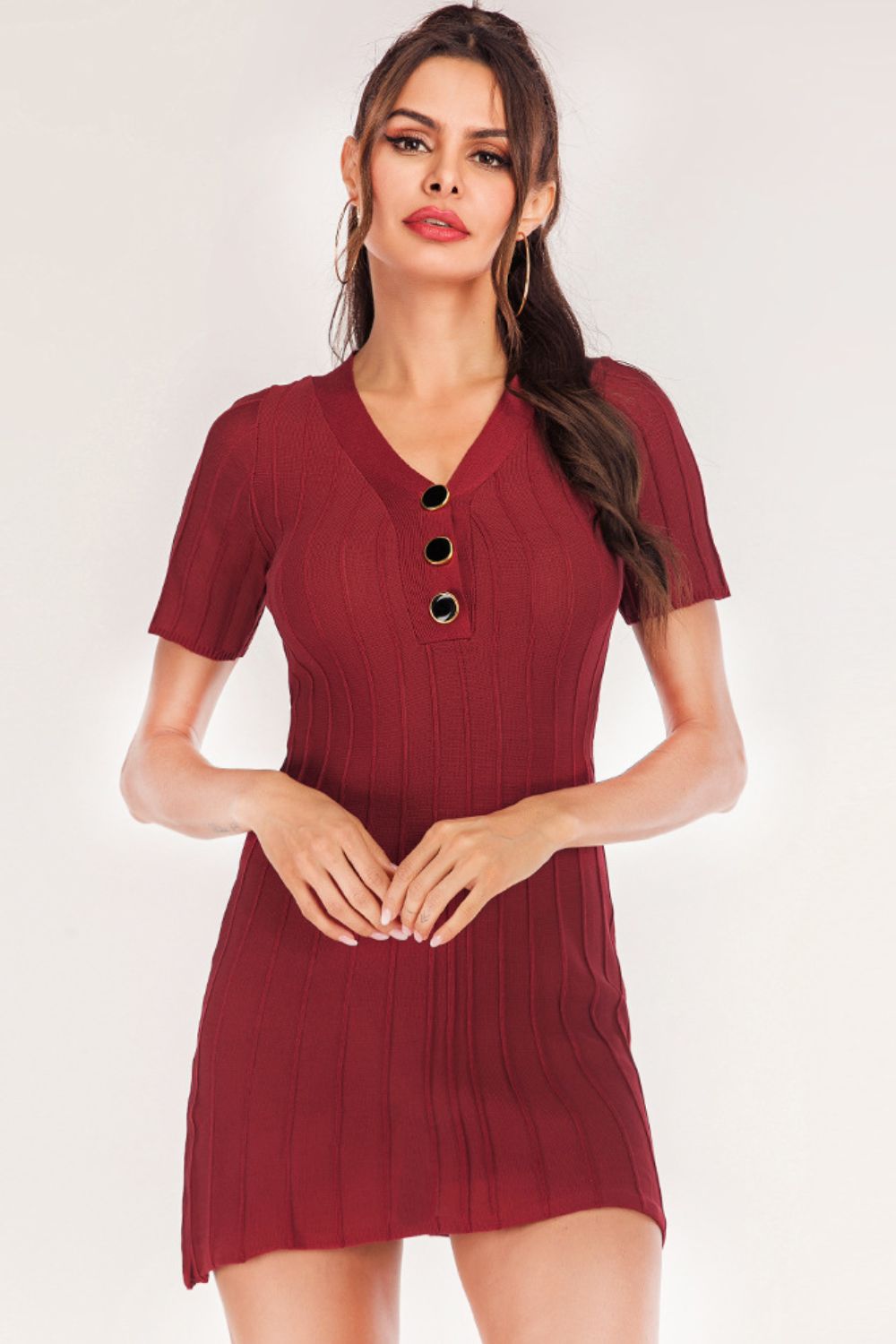 swvws Buttoned Short Sleeve V-Neck Knit Dress