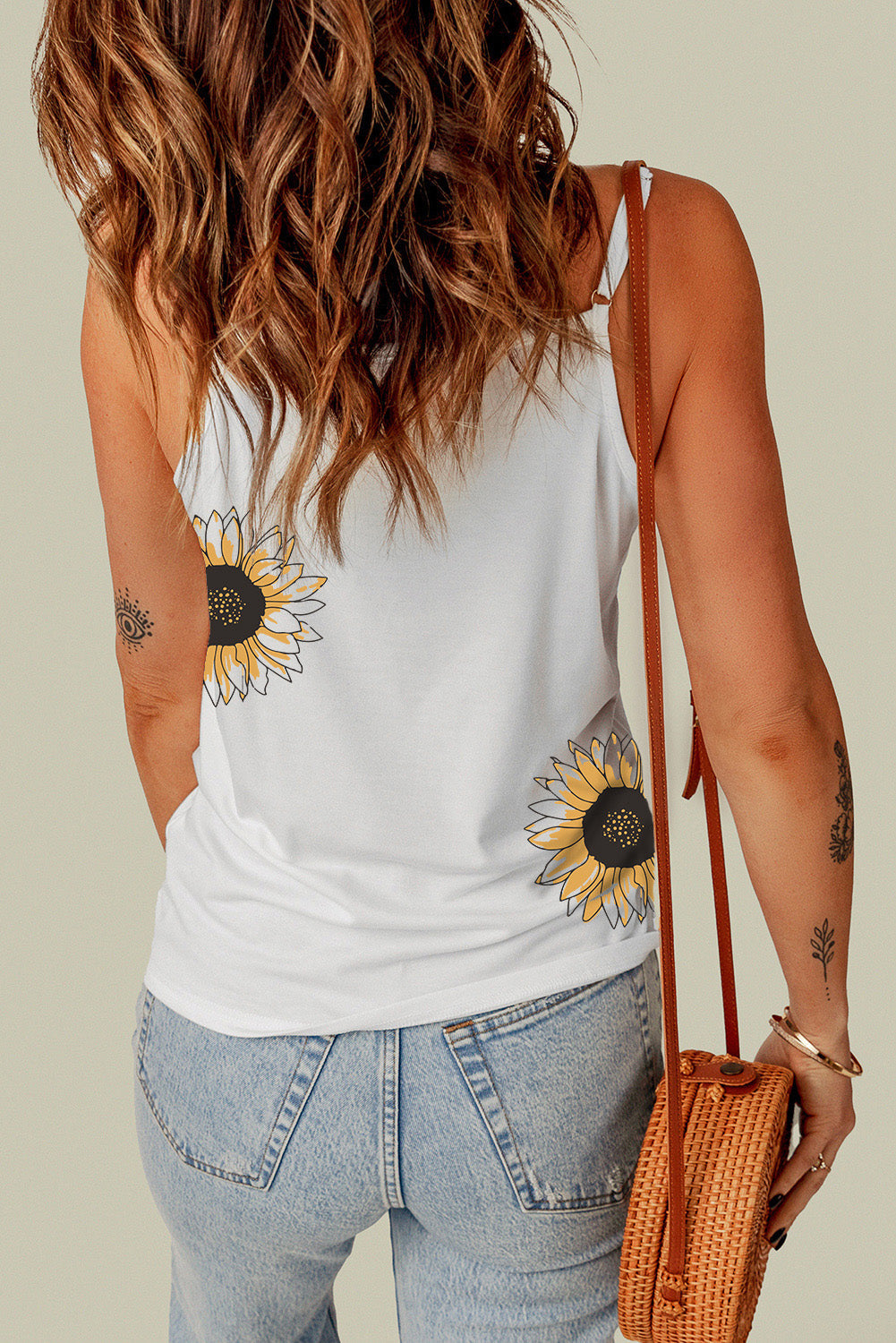 swvws Sunflower Print Lace Trim Plunge Cami