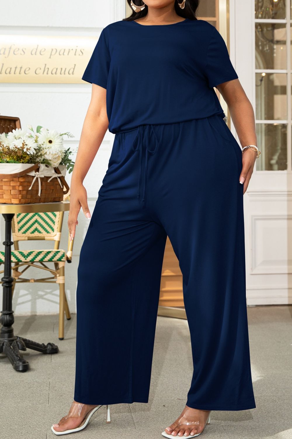 swvws Plus Size Drawstring Waist Short Sleeve Jumpsuit